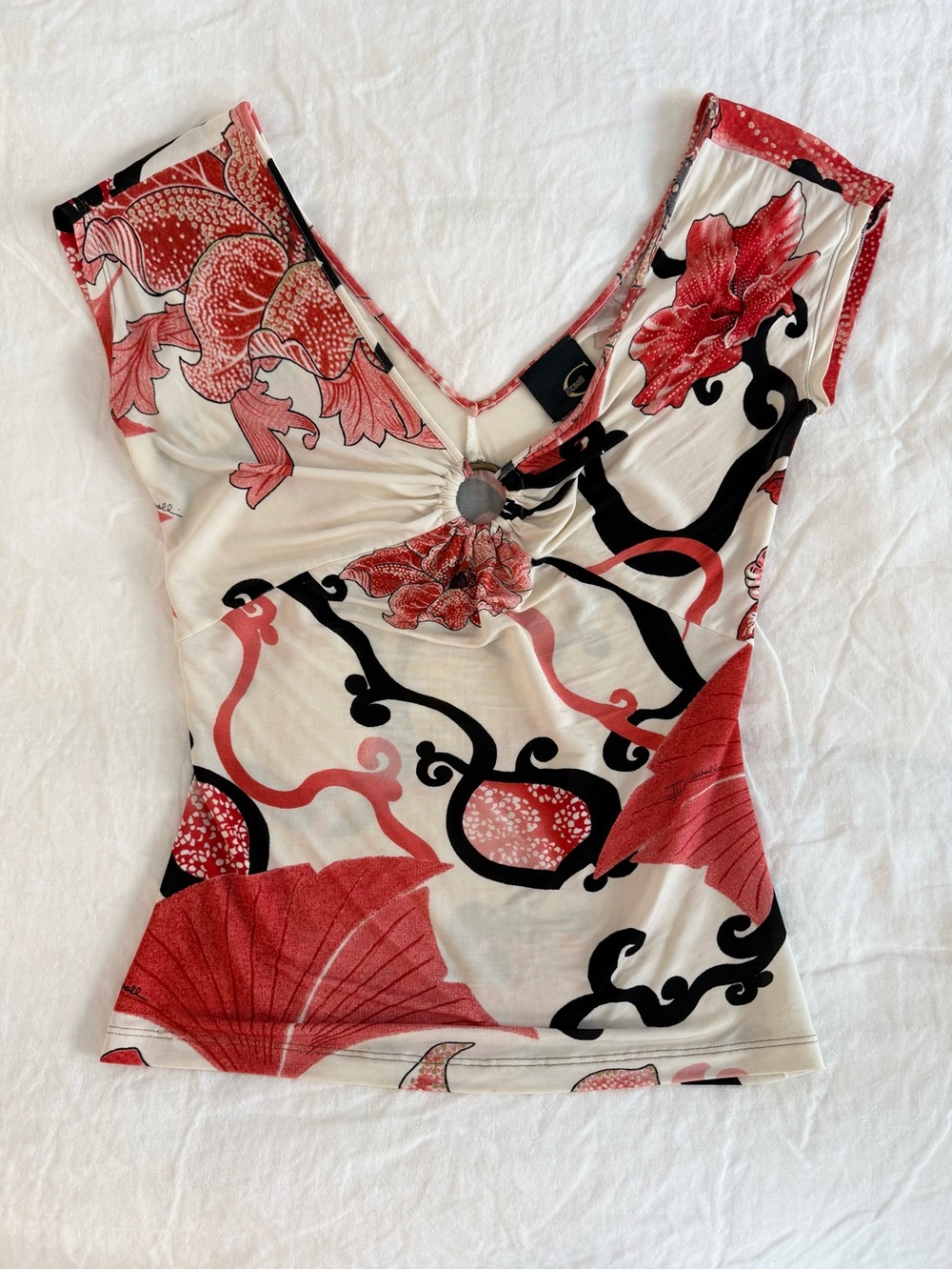 Just Cavalli Y2K Floral Ring Detail Stretch Top Red Ivory Black Size S - Picture 1 of 5